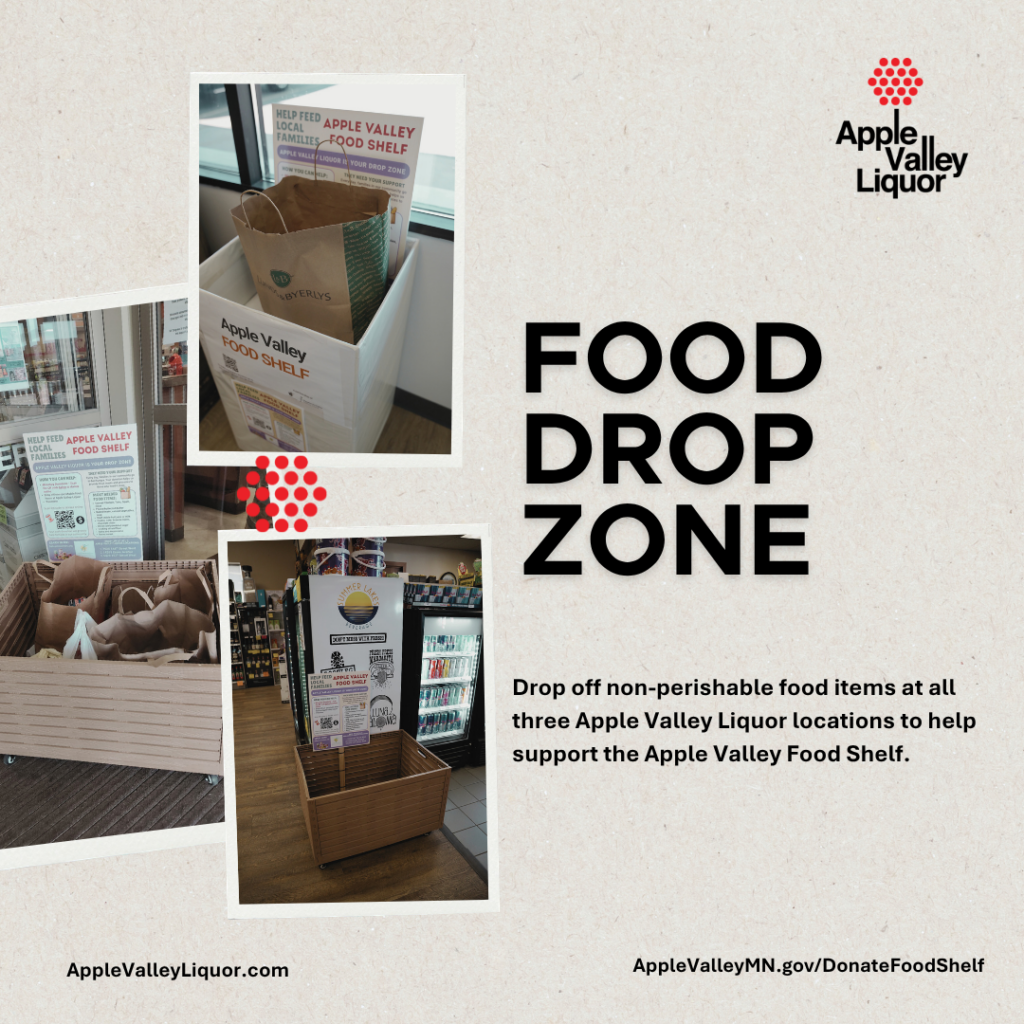 Food Drop Zone images of food collection bins at all three liquor stores. Apple Valley Liquor logo