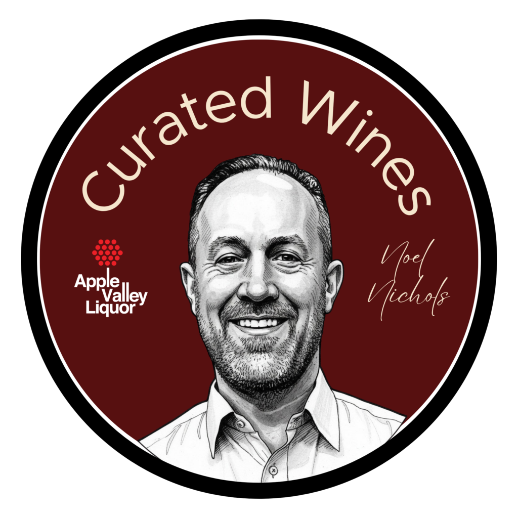 Curated Wines with Apple Valley Liquor logo and illustration of Noel Nichols with his name is script font