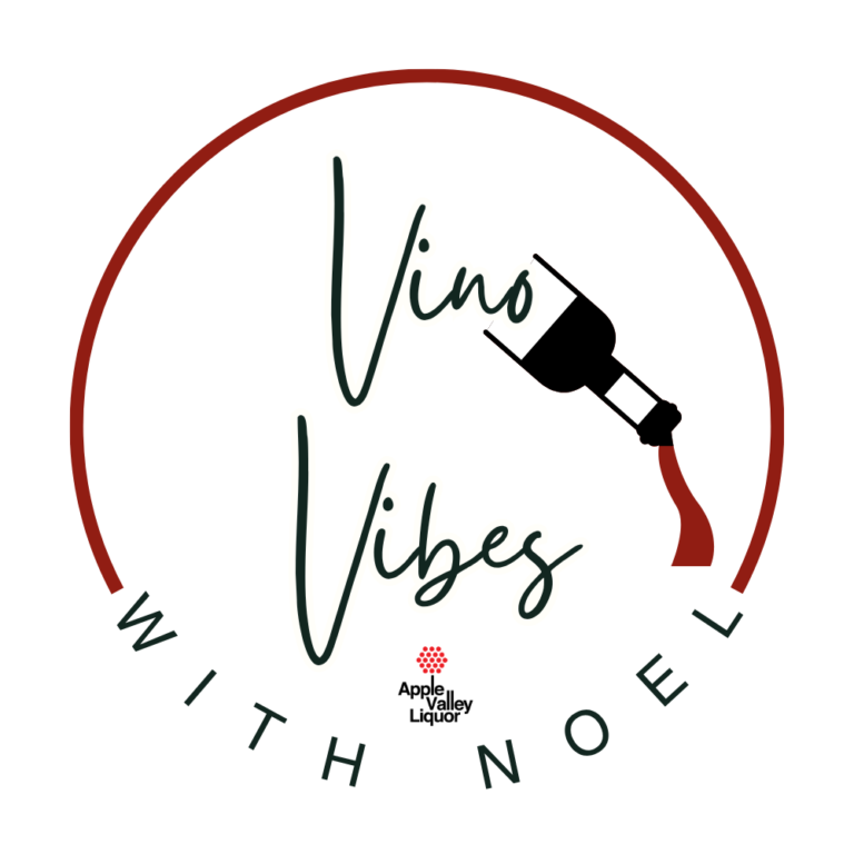 Vino Vibes with Noel logo with an illustration of a wine bottle pouring wine. Apple Valley Liquor logo.